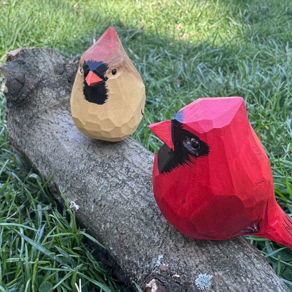 Handcrafted Wooden Bird Figurines - Red and Brown